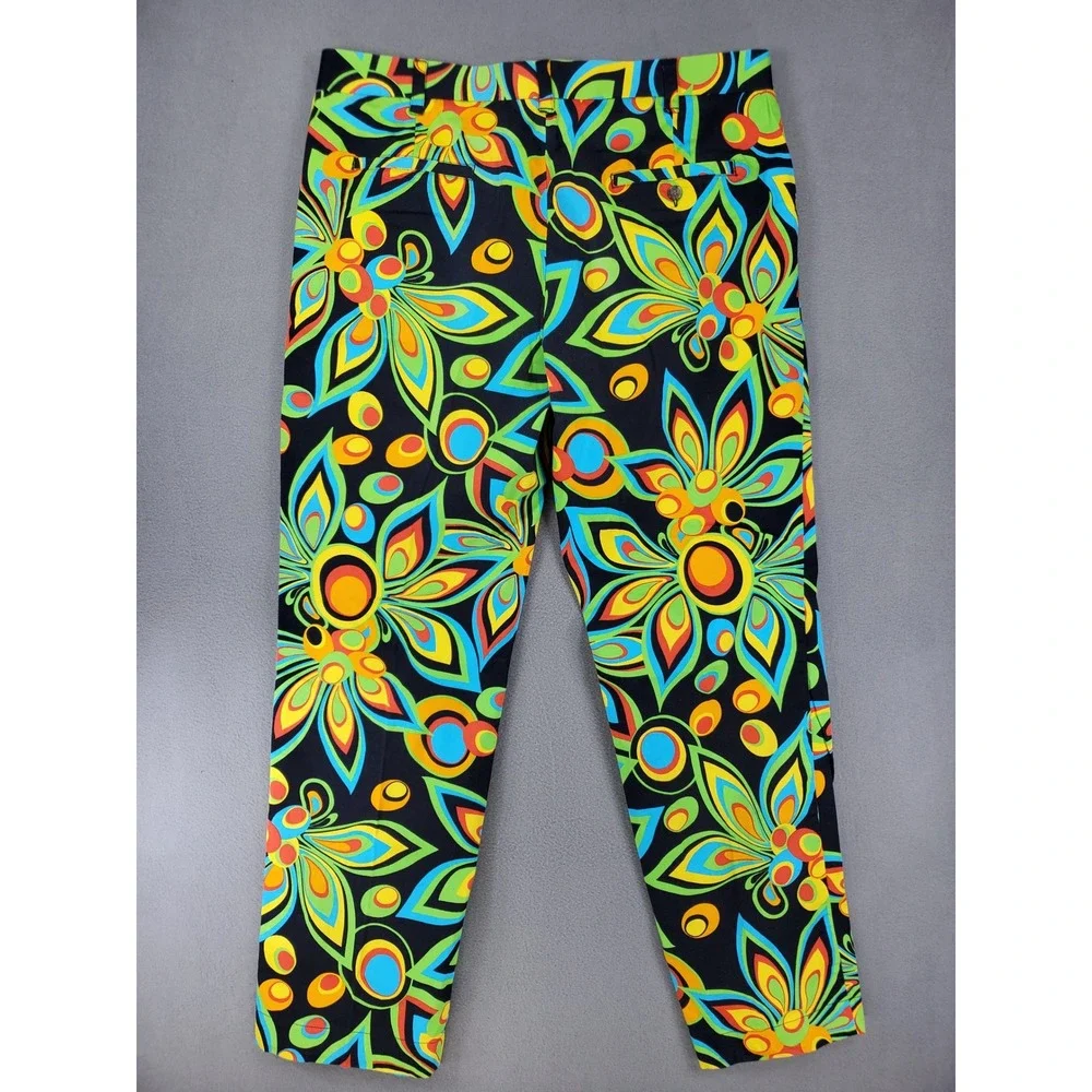 Loudmouth Golf Pants Mens 38x32 Black Psychedelic Floral Retro Mod Stretch Pants